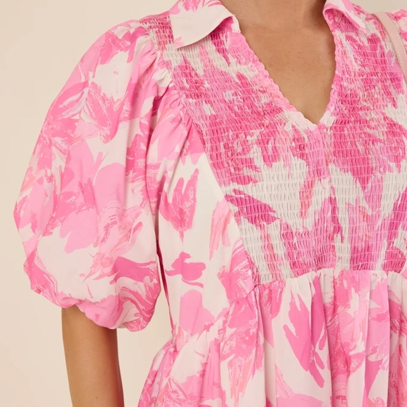 Pink Floral Puff Sleeve Dress - Picture 2 of 7